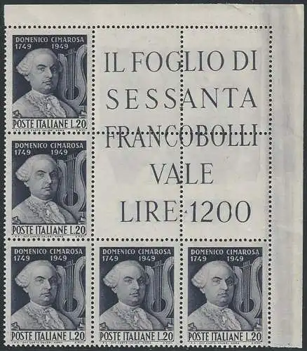 1949 Italia Cimarosa blocco angolare MNH Sass. n. 615