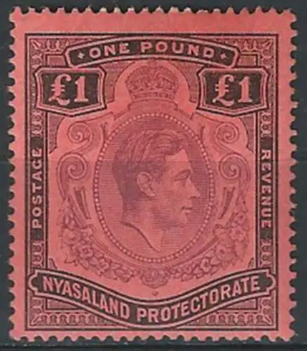 1938-44 Nyasaland Giorgio VI £1 purple and black-red MNH SG. n. 143