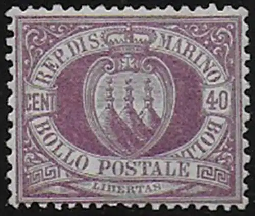 1877 San Marino stemma 40c. lilla scuro MNH Sassone n. 7