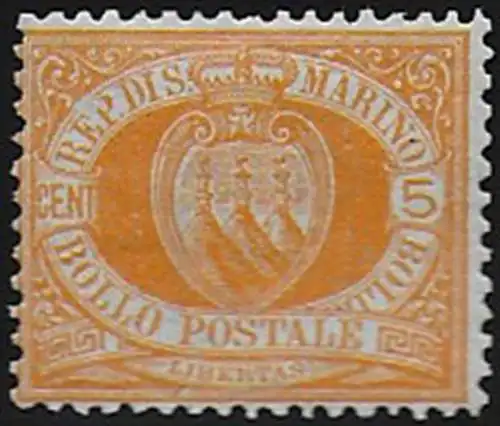 1890 San Marino stemma 5c. giallo MNH Sassone n. 2