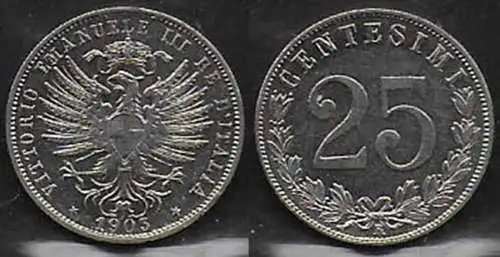 1903 Italia VE III 25c. Aquila Sabauda in nichelio qFDC