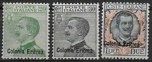 1925 Eritrea VE III 3v. sopr. MNH Sassone n. 93/95