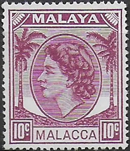 1957 Malacca Elizabeth II 10c. reddish purple MNH SG n. 29a