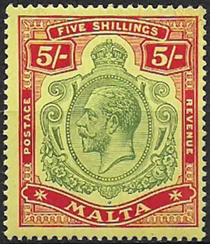 1917 Malta Giorgio V 5s. green red-yellow MNH SG n. 88