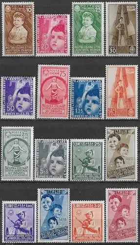 1937 Italia Mostra Colonie Estive 16v. mc MNH Sassone n. 406/15+A