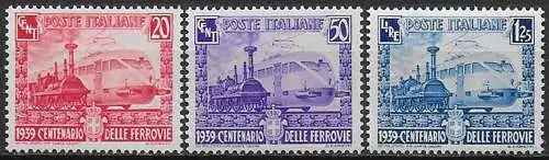 1939 Italia 100th Ferrovie italiane 3v. bc MNH Sassone n. 449/51