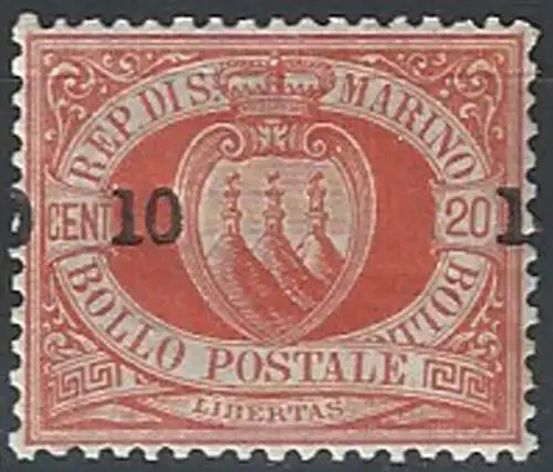 1892 San Marino stemma "0 10 1" su 20c. rosso MNH Sassone n. 11h