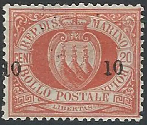 1892 San Marino stemma 10c. small su 20c. rosso varietà MNH