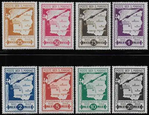 1943 San Marino airmail XX Fasci 8v. MNH Sassone n. 26/33