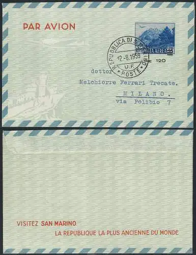 1951 San Marino Aerogramma monte Titano L.120 su L.55 US Filagrano A7b