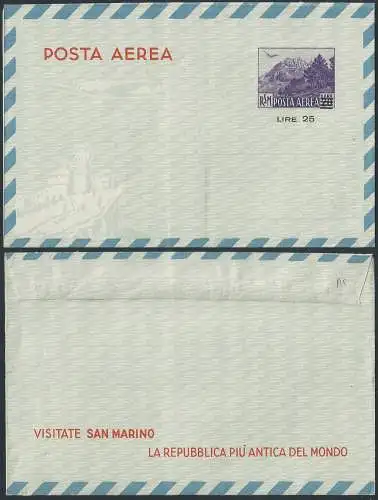 1951 San Marino Aerogramma monte Titano L. 25 su L. 20 Filagrano n A5