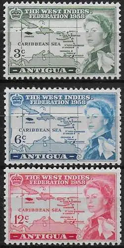 1958 Antigua British Caribbean Federation 3v. MNH SG n. 135/37