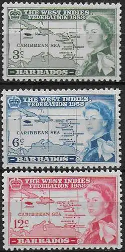 1958 Barbados British Caribbean Federation 3v. MNH SG n. 303/05