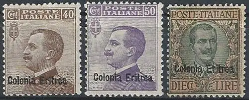 1916 Eritrea VE III ordinaria mc. 3v. MNH Sassone n. 38/40