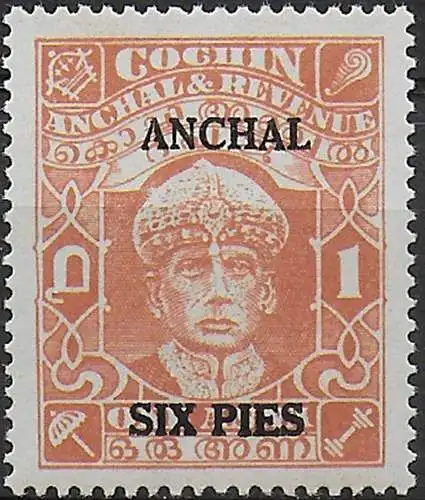 1942/44 India Cochin Rama Varma III 6p. on 1a. MNH SG n. 81a