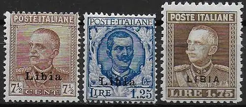 1928-29 Libia VE III 3v. sopr. MNH Sassone n. 78/80