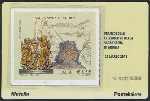 2016 Italia tessera filatelica sacra spina Andria varietà Unif n. 12A