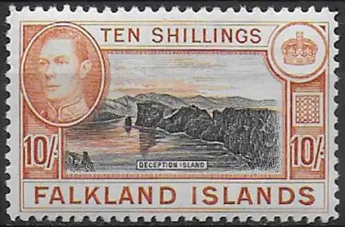 1942 Falkland Islands 10s. black and orange MNH SG. n. 162a