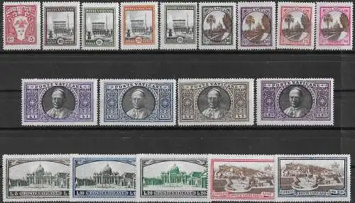 1933 Vaticano giardini e medaglioni 18v. MNH Sass. n. 19/34+E