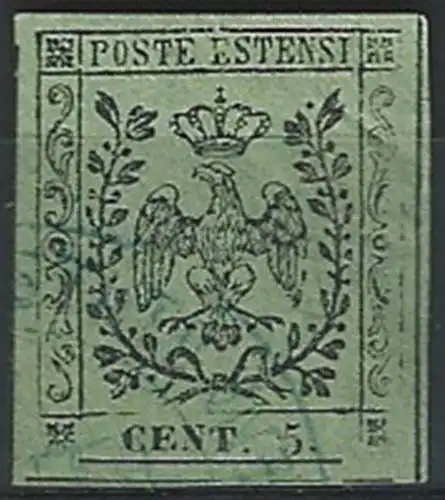 1852 Modena 5c. verde oliva cancelled Sassone n. 8