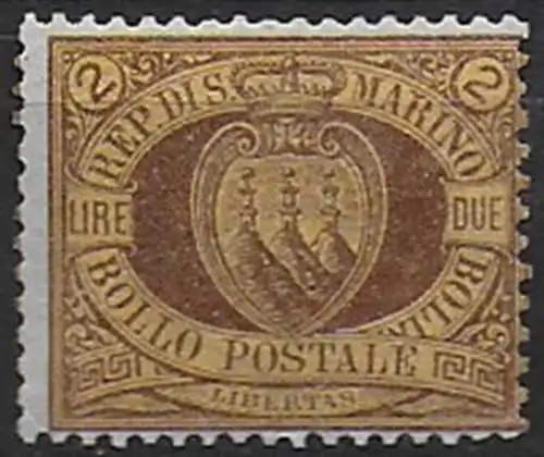 1894 San Marino Coat of Arms L. 2 brown on yellow mc MNH Sassone n. 21a