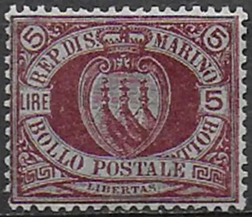 1894 San Marino Coat of Arms L. 5 carminio/verde MNH Sassone n. 22