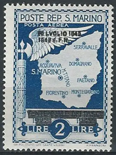 1943 San Marino caduta del fascismo L. 2 varietà MNH Sass. n. A38a