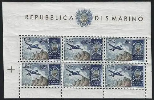 1954 San Marino Lire 1.000 Aereo II MS MNH Sassone n. 16b