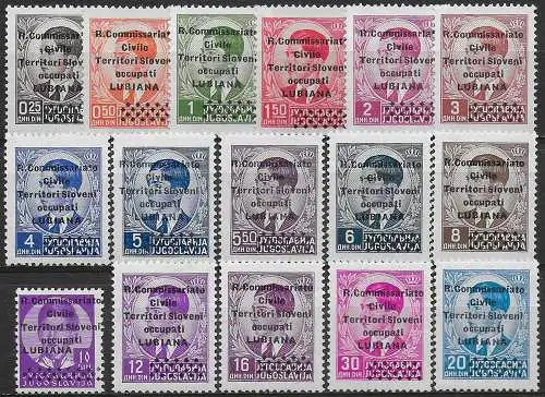 1941 Lubiana Peter II 16v. MNH Sassone n. 18/33