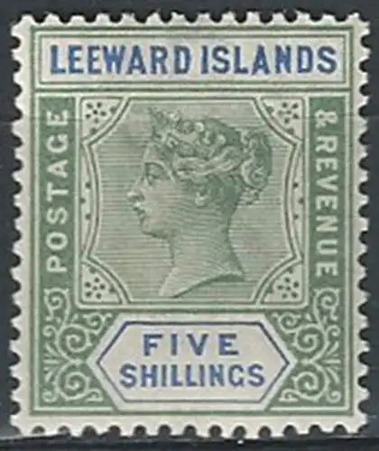 1890 Leeward Islands Vittoria 5s. green and blue MNH SG. n. 8