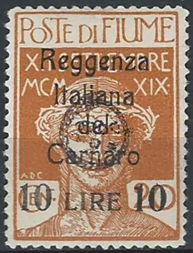 1920 Fiume Lire10 su 20c. ocra MNH Sassone n.146u