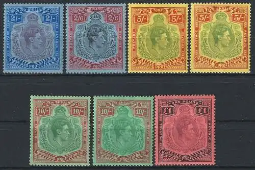 1938-44 Nyasaland Giorgio VI 7v. MNH SG. n. 139/43+141a+142a