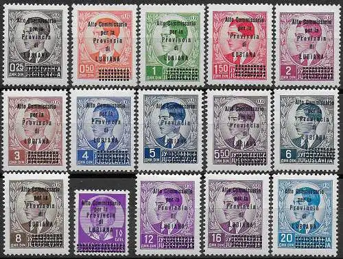 1941 Lubiana Italian occupation 15v. MNH Sassone n. 42/56