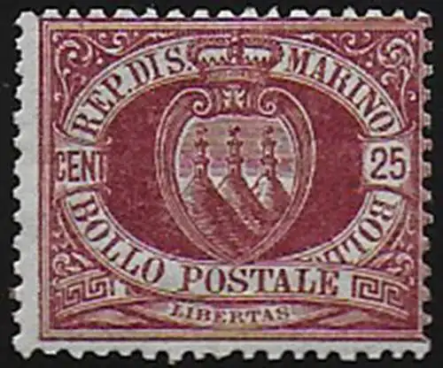 1890 San Marino stemma 25c. lacca mc MNH Sassone n. 5