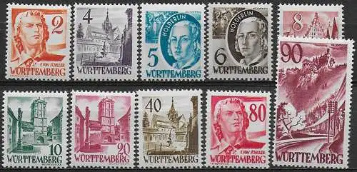 1948-49 Germania Wurttemberg 10v. MNH Unif n. 28/37