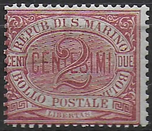 1894 San Marino Cifra 2c. carminio mc MNH Sassone n. 26