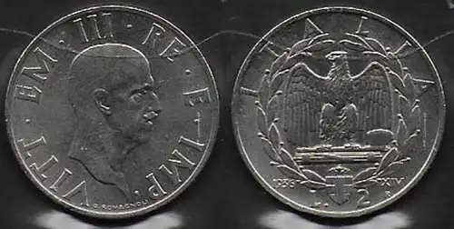 1936 Italia VE III Lire 2 Impero in nichelio SPL+