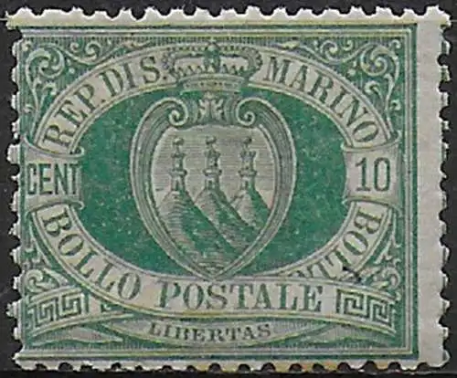 1894 San Marino Coat of Arms 10c. blue green mc MNH Sassone n. 14