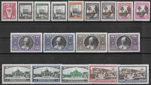 1933 Vaticano giardini e medaglioni 18v. bc MNH n. 19/34+E