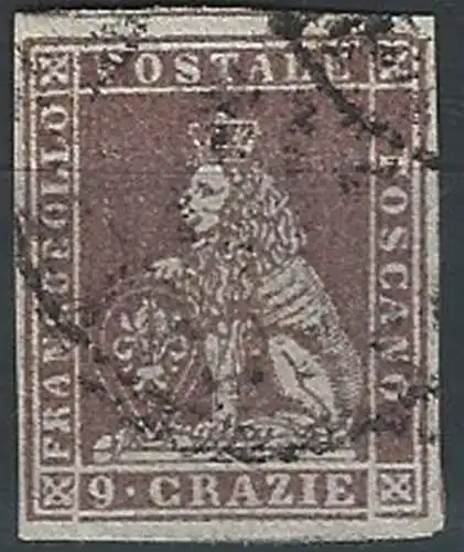 1851 Toscana 9cr. purplish brown on grey used Sassone n. 8