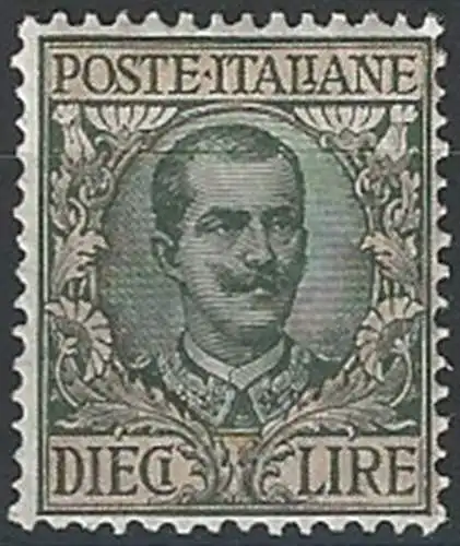 1910 Italia VE III Lire 10 oliva rosa bc MNH Sassone n. 91