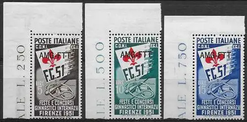 1951 Trieste A Ginnici a Firenze af 3v. MNH Sassone n. 116/18