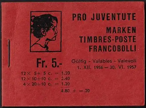 1956 Svizzera Pro Juventute booklet dark red MNH SBHV n. 5