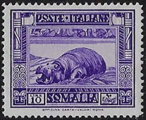 1937 Somalia Ippopotamo Lire 10 violetto 1v. MNH Sassone n. 228