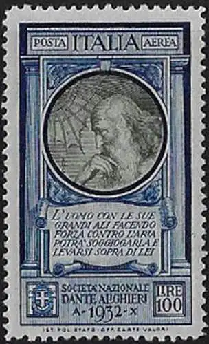 1932 Italia Dante aerea Lire 100 Leonardo bc MNH Sassone n. 41