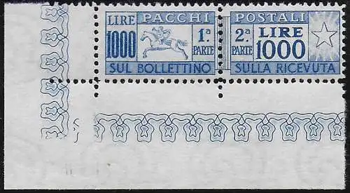 1954 Italia parcel post stamps Lire 1.000 Cavallino af MNH Sassone n. 81/I