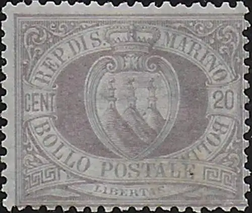 1894 San Marino stemma 20c. lilla MNH Sassone n. 29