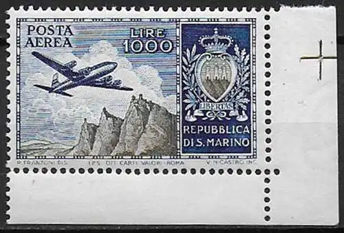 1954 San Marino L. 1000 Aereo af airmail MNH Sassone n. 112