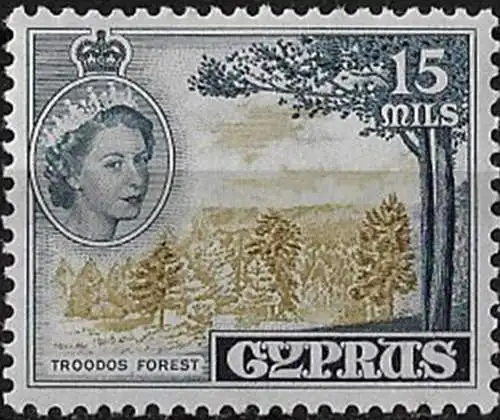 1958 Cyprus Elizabeth II 50m. yellow-olive indigo MNH SG n. 177aa