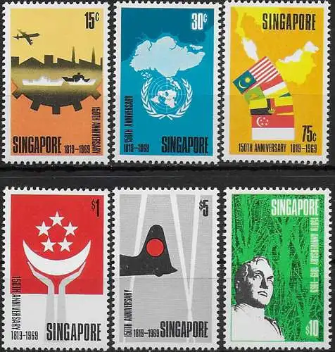 1969 Singapore 150th Founding 6v. MNH SG n. 121/26